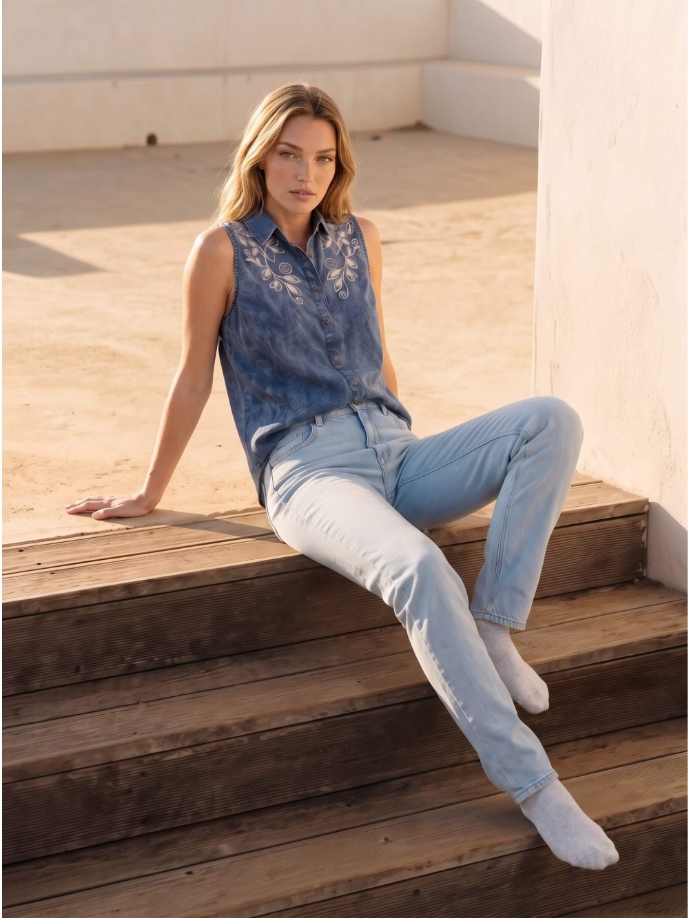 Dámská košile MELINA denim look modrá bez rukávů | GEAR