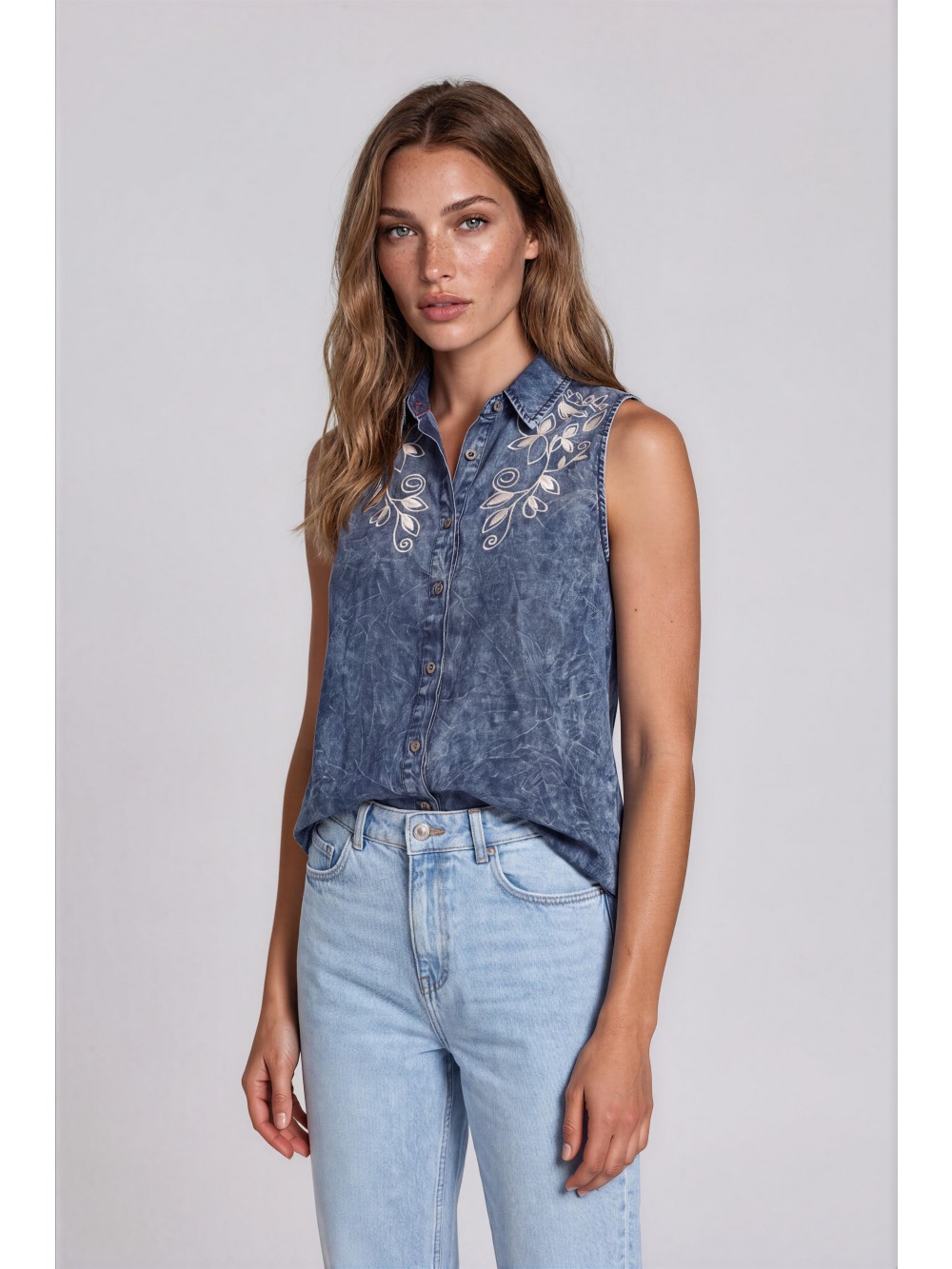 Dámská košile MELINA denim look modrá bez rukávů | GEAR